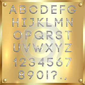 Vector silver coated alphabet letters, digits and punctuation on gold background