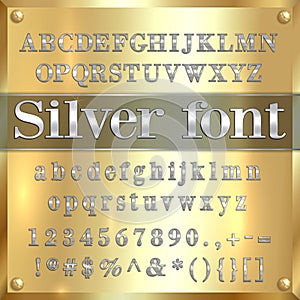 Vector silver coated alphabet letters, digits and punctuation on gold background