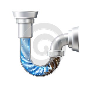 Vector silver drain pipe clog with liquid cleaner photo