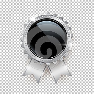 Vector silver seal with ribbons isolated on transparent background.