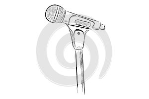 Vector Simple, hand draw sketch wireless microphone at stand, Isolated on White