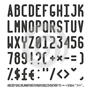 Vector simple narrow outline font with uppercase letters of latin charset punctuation marks and numbers photo