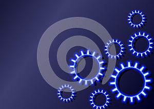 Vector simple neon gears background template, blue color, abstract wheel mechanism, digital technology.