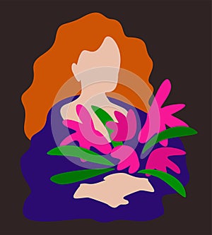 Vector simple portrait of headhead woman with flowers on dark background.