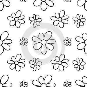 Vector simple primitive floral seamless pattern. Cute endless print with flowers drawn by hand. Sketch, doodle, scribble