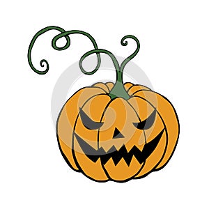 Vector simple scary spooky smiling Halloween pumpkin isolated. Jack o Lantern in cartoon flat style