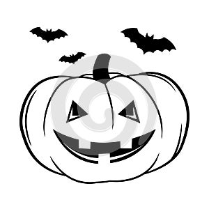 Vector simple scary spooky smiling Halloween pumpkin isolated. Jack o Lantern. doodle style