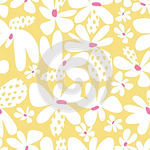 Vector simple shape Scandinavian flower motif seamless repeat pattern yellow background