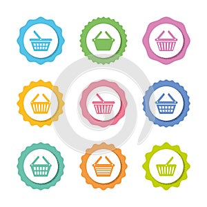 Vector simple shopping basket circle sticker set