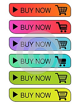 Vector simple shopping cart, trolley. Menu item buy now. Coloured buttons.