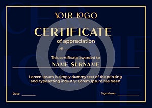 Vector simple template of horizontal certificate of appreciation blue color with golden frame.