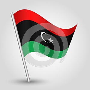 Vector simple triangle libyan flag on slanted silver pole - symbol of libya with metal stick