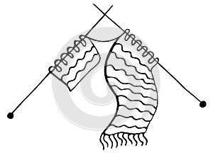 Vector single element. Illustration with knitted scarf, knitting with needles.