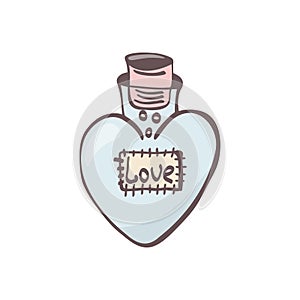 Vector single heart shaped flask clipart. Love Potion Icon doodle. Love drink. Stock isolated image on a white background