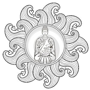 Vector Sitting Buddha in Lotus pose, in waves mandala, teaching