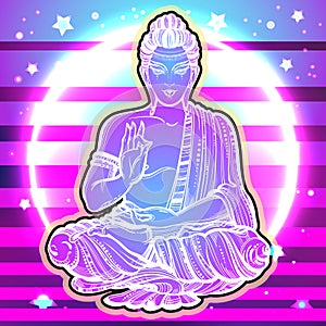 Vector sitting Buddha over the vibrant galaxy background. Modern and bright artwork composition. Religion, Buddhism, boho, spirit.