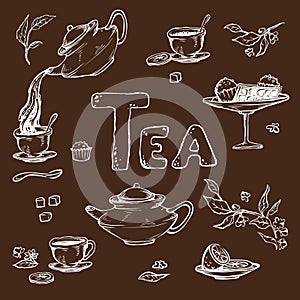 Vector sketch against a dark background of items for the tea ceremony. Teapot and cups, candy, lemon on saucer