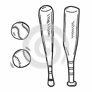 Vector Sketch Basebal Bat and baseball ball. Vector baseball bat doodle illustration