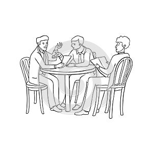 Vector sketch black contour isolated illustration of business people. Men at a meeting or negotiations, sitting at a