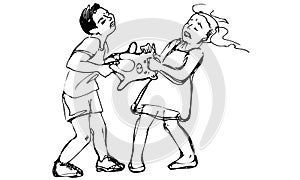 Vector sketch of boy and girl children are fighting over a toy
