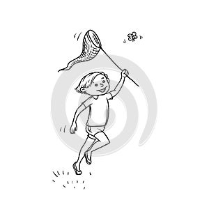 Vector sketch boy run net to catch butterflies. Active play children teenager walk in summer on outdoor sun shining