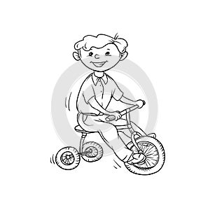 Vector sketch boy on tricycle. Little child play sports. Active walk in summer on outdoor. Cartoon black white isolated