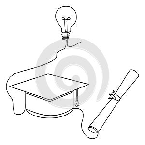 simple vector sketch certificata graduation cap and bulb line single one line art, continuous