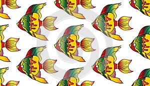 Vector sketch of colorful fish Pterophyllum. Cichlidae. Seamless pattern