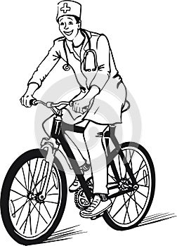 Vector sketch of a doctor riding a bicycle hand drawn