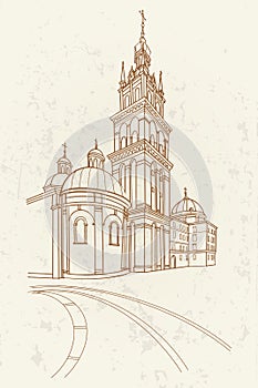 Vector sketch of The Dormition or Assumption Church, in Lviv, Ukraine.