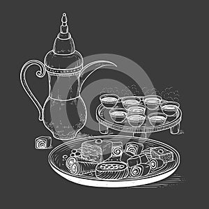 Vector sketch drawing chalk on blackboard ethnic Arabic cup and copper coffeepot, big plate East sweets. Illustration