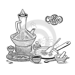 Vector sketch drawing East Arabic cup and vintage coffeepot