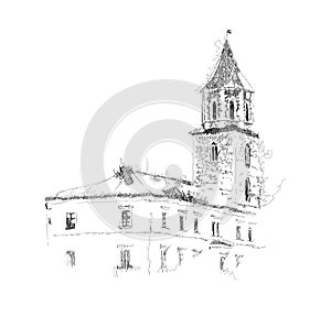 Vector sketch of European building, old tower, hand drawn illustration in black and white colors