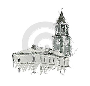 Vector sketch of European building, old tower, hand drawn illustration on white background