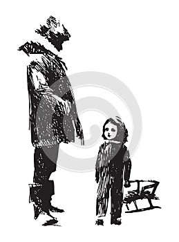 Vector sketch. A father and child walking on a winter evening