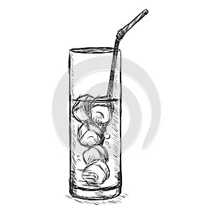 Vector Sketch Glass of Lemonade on the Rocks with a Straw