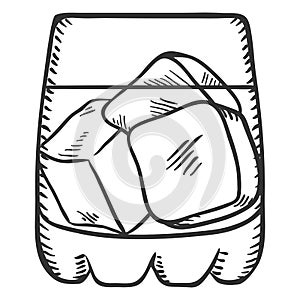 Vector Sketch Glass of Whiskey with Ice Rocks