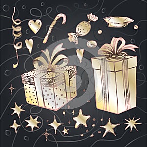 Vector sketch of golden gift boxes, hearts, candy, holiday ribbons, sweets and stars on a dark background