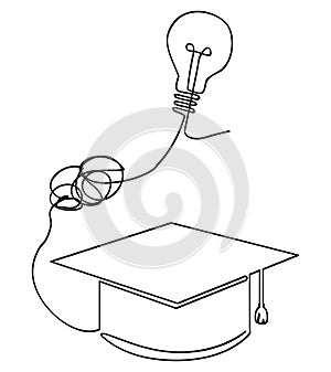 simple vector sketch graduation cap and bulb lamp single one line art, continuous