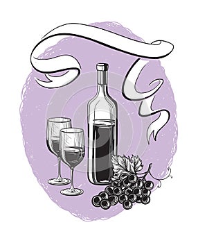 Vector sketch of grapes, wine glass for design