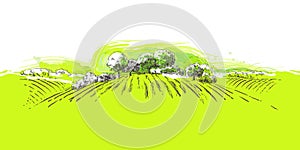 Vector sketch Green grass field on small hills. Meadow, alkali, lye, grassland, pommel, lea, pasturage, farm. Rural