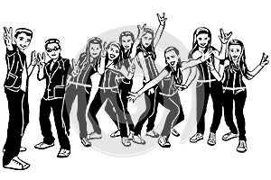 Vector sketch of a group of joyful teenagers