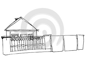 Vector sketch of a house behind an iron fence with a gate