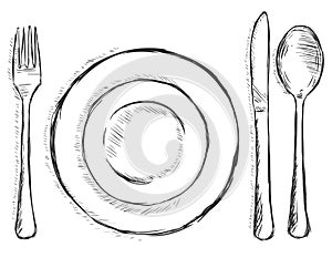 Vector sketch illustration - cutlery: fork, plate, knife, spoon