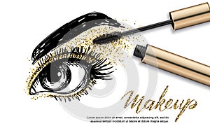 Vector sketch illustration of female eye and makeup mascara. Golden glitters eyeshadows, holiday luxury makeup.