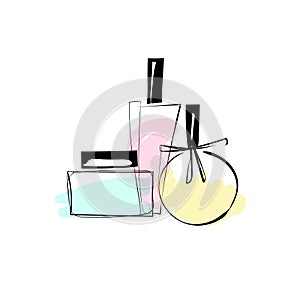 Vector sketch illustration of trendy perfume bottles. Different fruity aroma. For card design, print, poster, invitaion