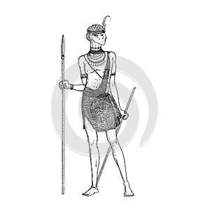 Vector sketch illustration on a white background. Armed with a spear warrior of the Masai tribe in traditional national clothes an
