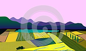 Vector sketch of a landscape with mountains and colored fields. For design posters and illustrators