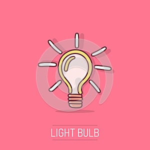 Vector sketch light bulb icon in comic style. Hand drawn idea doodle sign illustration pictogram. Bulb business splash effect