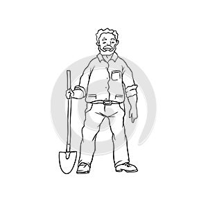 Vector sketch oldster farmer or gardener. Man worker with shovel. Drawn contour cartoon character peasant working in